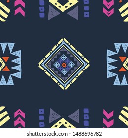 Tribal ethnic background. Stylish primitive geometric seamless pattern. Trendy print modern abstract wallpaper with grunge texture vector illustration.