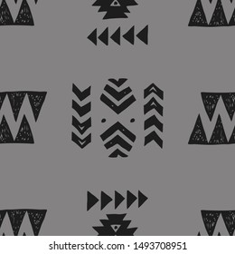 Tribal ethnic background. Stylish primitive geometric seamless pattern. Trendy print modern abstract wallpaper with grunge texture vector illustration. Monochrome ornament fabric textile