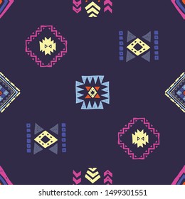Tribal ethnic background. Stylish primitive geometric seamless pattern. Trendy print modern abstract wallpaper with grunge texture vector illustration. Ornament fabric textile.