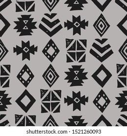 Tribal ethnic background. Stylish primitive geometric seamless pattern. Trendy print vector illustration. Monochrome ornament fabric textile