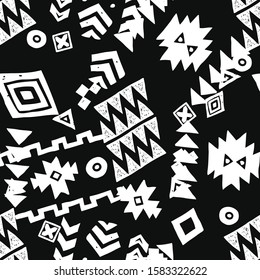 Tribal ethnic background. Stylish primitive geometric seamless pattern. Trendy grunge texture vector illustration. Monochrome ornament fabric textile. White on black