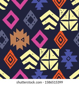 Tribal ethnic background. Stylish primitive geometric seamless pattern. Trendy print modern abstract wallpaper with grunge texture vector illustration. Fabric textile.