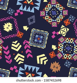 Tribal ethnic background. Stylish primitive geometric seamless pattern. Trendy print abstract wallpaper with grunge texture vector illustration. Ornament fabric textile.