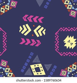 Tribal ethnic background. Stylish primitive geometric seamless pattern. Trendy print abstract wallpaper with grunge texture vector illustration. Ornament fabric textile.
