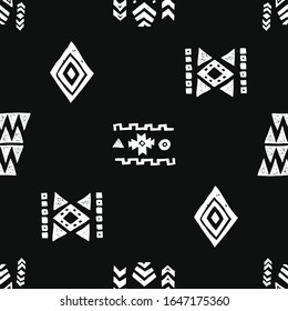 Tribal ethnic background. Stylish primitive geometric seamless pattern. Trendy print modern abstract wallpaper with grunge texture vector illustration. Monochrome ornament fabric textile. White on