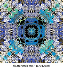 Tribal ethnic Baroque vector seamless pattern. Greek abstract lace background. Modern repeat geometric backdrop. Greek key meanders ornament. Symmetrical floral design with shapes, vintage flowers.
