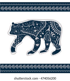 Tribal ethnic bear with frame. Russian and california symbols.