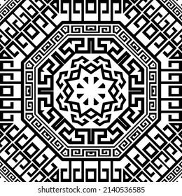 Tribal ethnic black and white greek seamless pattern. Ornamental abstract modern vector background. Greek key meanders elegant ornament. Decorative geometric repeat isolated design on white. Template.