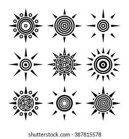 Tribal ethnic boho collection of suns. Outline black sun icons isolated on white background. Set of radial elements for your design. Vector illustration