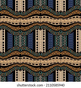 Tribal ethnic borders seamless pattern. Repeat greek patterned background. Greek key, meanders colorful abstract ornaments. Ornate modern endless texture. Trendy creative ornamental striped design.