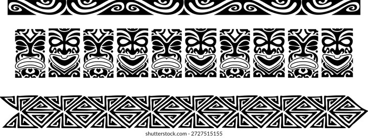 Tribal ethnic borders set with Polynesian Tiki masks, Maori wave ornaments and geometric Aztec patterns for tattoo and craft design