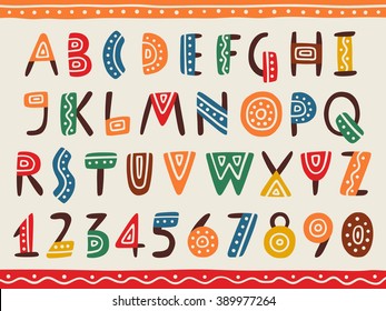 Tribal ethnic bright alphabet and number Hand drawn graphic font in african or indian style Primitive simple stylized design Vector abc