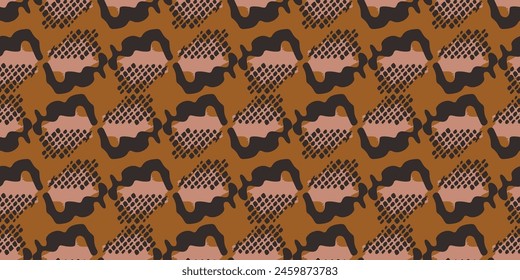 Tribal ethnic camouflage abstract border design in fall color trend. Seamless banner rustic surface texture with neutral tone handwork mark making shapes. 