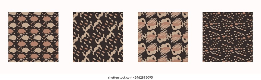 Tribal ethnic camouflage abstract pattern set design in fall color trend. Seamless rustic surface texture with neutral tone handwork mark making shapes.