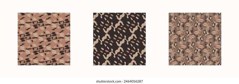 Tribal ethnic camouflage abstract pattern set design in fall color trend. Seamless rustic surface texture with neutral tone handwork mark making shapes.