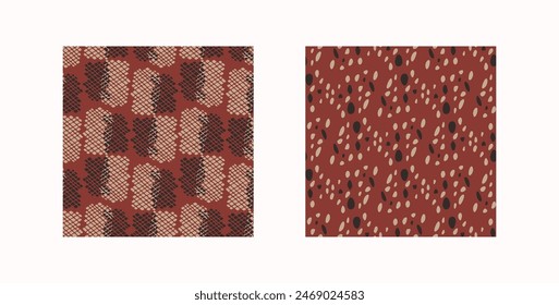 Tribal ethnic camouflage abstract pattern set design in fall color trend. Seamless rustic surface texture with neutral tone handwork mark making shapes.