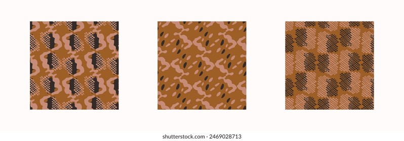 Tribal ethnic camouflage abstract pattern set design in fall color trend. Seamless rustic surface texture with neutral tone handwork mark making shapes.