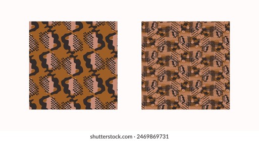 Tribal ethnic camouflage abstract pattern set design in fall color trend. Seamless rustic surface texture with neutral tone handwork mark making shapes.