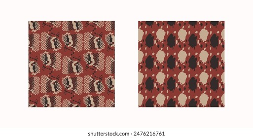 Tribal ethnic camouflage abstract pattern set design in fall color trend. Seamless rustic surface texture with neutral tone handwork mark making shapes.