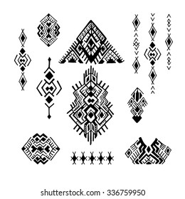 Tribal Ethnic collection, the elements of ethnic patterns of the Aztecs. Isolated on white background.