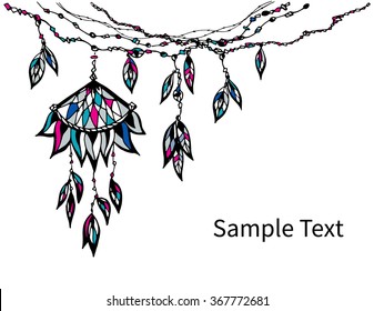 Tribal Ethnic collection, the elements of ethnic patterns of the Aztecs. Hand drawn illustration of dream catcher with beads and feathers.