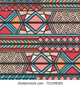 Tribal ethnic colorful bohemian pattern with geometric elements, African mud cloth, tribal design, vector illustration