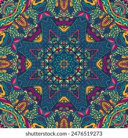 Tribal ethnic colorful indian seamless vector design. Festive colorful mandala art. Geometric medallion doodle boho ornament.