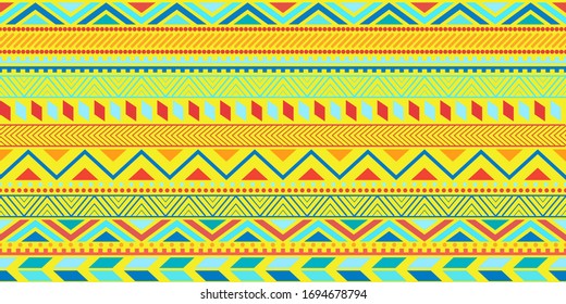 Tribal ethnic cute seamless stripe pattern. Vector illustration for bright geometric stripe ornament design. Aztec tribal baby sign on white background. Bright colors. Borders and ethnic frames.