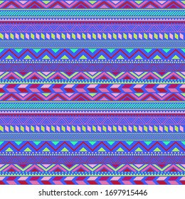 Tribal ethnic cute seamless stripe pattern. Vector illustration for bright geometric stripe ornament design. Aztec tribal sign on blue background. Cute pastel pink colors. Borders and ethnic frames.