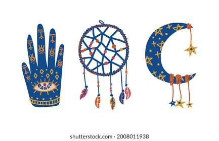 Tribal Ethnic Elements with Dreamcatcher and Hand Palm with Eye Vector Set