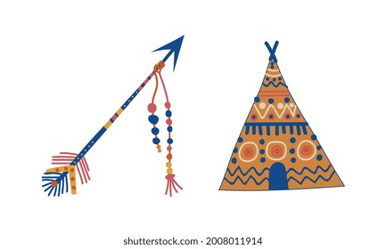 Tribal Ethnic Elements with Indian Teepee and Arrow Vector Set
