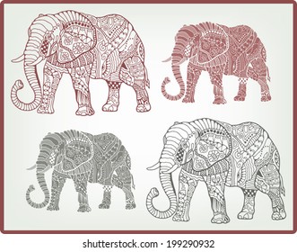 Tribal ethnic elephants background, hand drawn art in graphic style, geometric ornament, detailed lace pattern