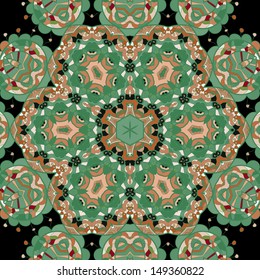 Tribal ethnic geometric seamless with many details, looks like handmade lace in green tones of color
