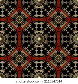 Tribal ethnic gold red black seamless pattern. Ornamental abstract modern vector background. Greek key meander ornament. Decorative geometric design. Repeat backdrop. Round mandalas, rhombus, circles.