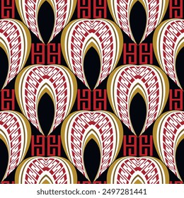 Tribal ethnic greece ancient style seamless pattern with arches, greek key meanders. Ornate greek arces background. Beautiful colorful curves ornament. Abstract modern fabric pattern. Endless texture.