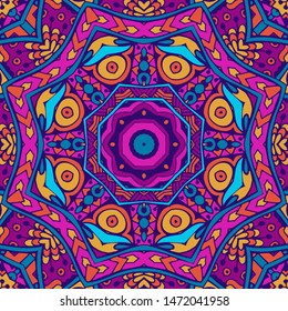 Tribal ethnic indian ethnic seamless design. Festive colorful mandala pattern. Geometric mandala fantasy sun. Holi festival backgrounnd