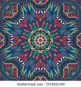 Tribal ethnic indian seamless vector design. Festive colorful mandala art pattern. Geometric medallion doodle boho. Coloful psychedelic background