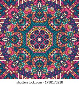 Tribal ethnic indian seamless vector design. Festive colorful mandala art pattern. Geometric medallion fantasy boho ornaments. Psychedelic festival aztec background