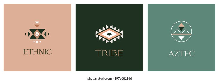 Tribal, ethnic logo design set, Aztec Mexican, African symbols, icons