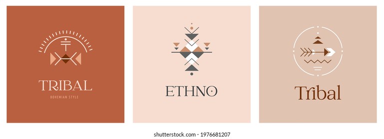 Tribal, ethnic logo design set, Aztec Mexican, African symbols, icons