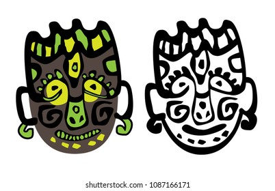 Tribal ethnic mask design. Mexican, indian, mayan mask. Colorful, linear black and white