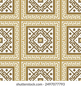 Tribal ethnic native seamless pattern with rhombus, square borders, frames. Ornate greek background. Colorful geometric ornament. Abstract ornamental elegant design. Greek key meander. Endless texture