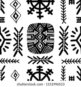Tribal ethnic ornament. Abstract folk seamless pattern. Black and white decorative design with hand drawn folklore elements. 