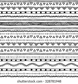 Tribal ethnic ornament seamless pattern.  Vector illustration in black and white color.  Ethnic motif for  textile, web or paper. 