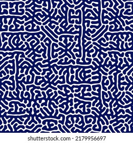 Tribal ethnic ornament. Turing reaction diffusion blue and white seamless pattern. Natural background with organic structures. Vector illustration of chemical morphogenesis concept. Doodle labyrinth