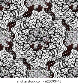 Tribal ethnic ornate decoration, lace repeating texture. Abstract geometric floral seamless background. Vector doodle sketch pattern, graphic illustration. Brown seamless pattern. Brown background.