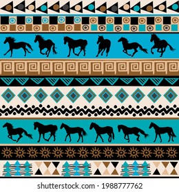 Tribal ethnic pattern with horses silhouettes and traditional symbols