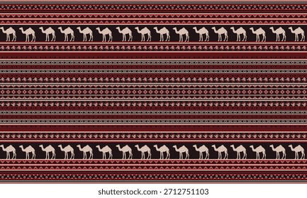Los patrones tribales o étnicos, caracterizados por diseños geométricos y camellos, camellos caminando en una línea, en un esquema de color crema sobre un fondo oscuro, son ideales para telas, bufandas, manteles, Fondo de pantalla
