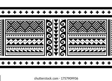 Tribal ethnic Polynesian geometric seamless vector long horizontal pattern, Hawaiian black and white design inspired by Maori tattoo art. Maori traditional art repetitive ornament with triangles