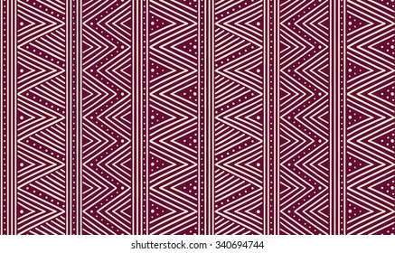 Tribal ethnic seamless african pattern. Vector illustration for print, textile design and background. Beige stripes and dots on a dark red background in african style. Stylish decoration, ornament.